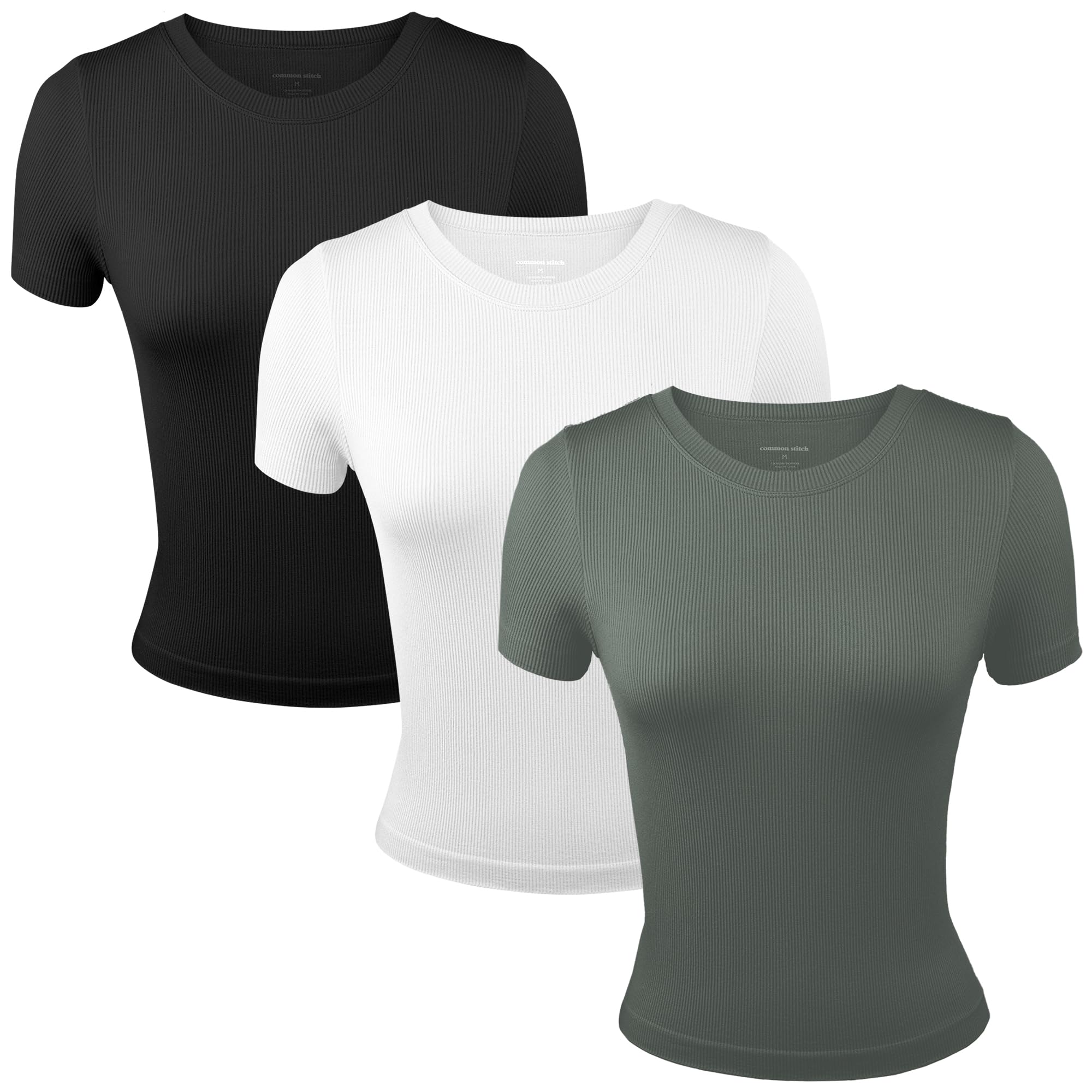 Common Stitch 3 Pack Stretch Workout Tee Shirts for Women, Ribbed Crewneck Womens Short Sleeve Yoga Tees (Available in Plus)