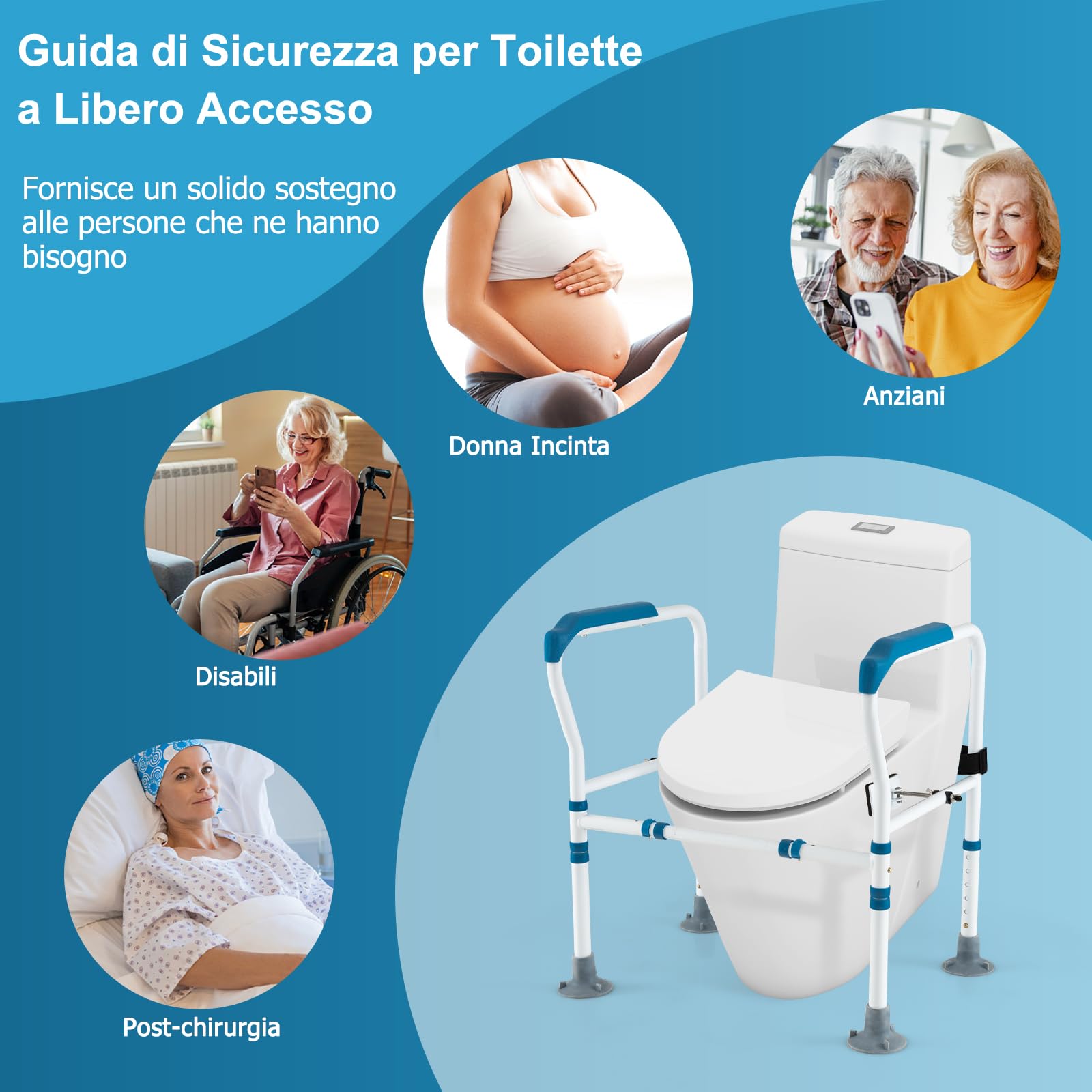 COSTWAY Supporto di Sicurezza Telaio Autonomo per WC, Supporto per WC Regolabile in Altezza e Larghezza con Cinghia di Fissaggio, Con Ventose Antiscivolo (Blu)