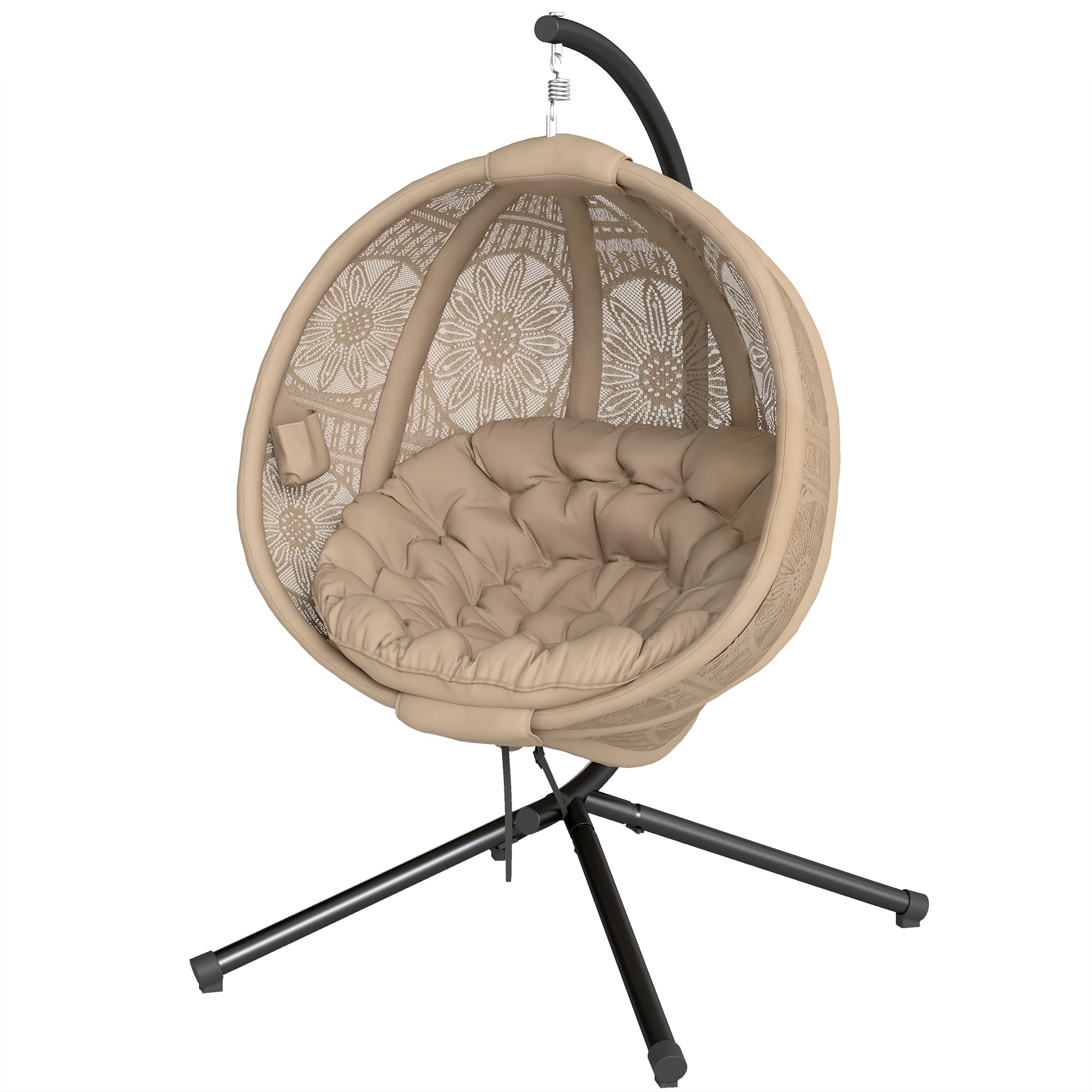 Outsunny Grey/Brown Hanging Swing Chair W/ Metal Stand & Side Pocket, Charcoal - Sand