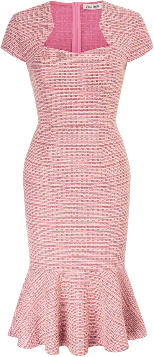 GRACE KARIN Womens Elegant Cap Sleeve Fishtail Midi Tweed Bodycon Dress