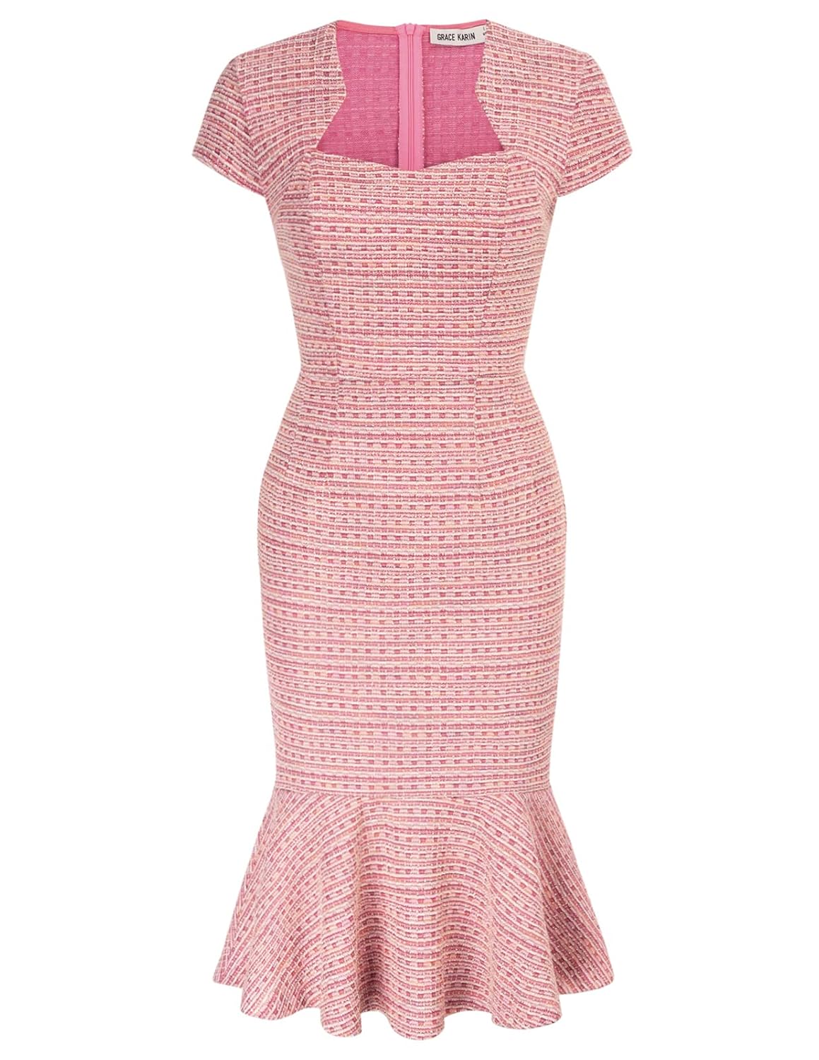 GRACE KARIN Womens Elegant Cap Sleeve Fishtail Tweed Cocktail Bodycon Dress