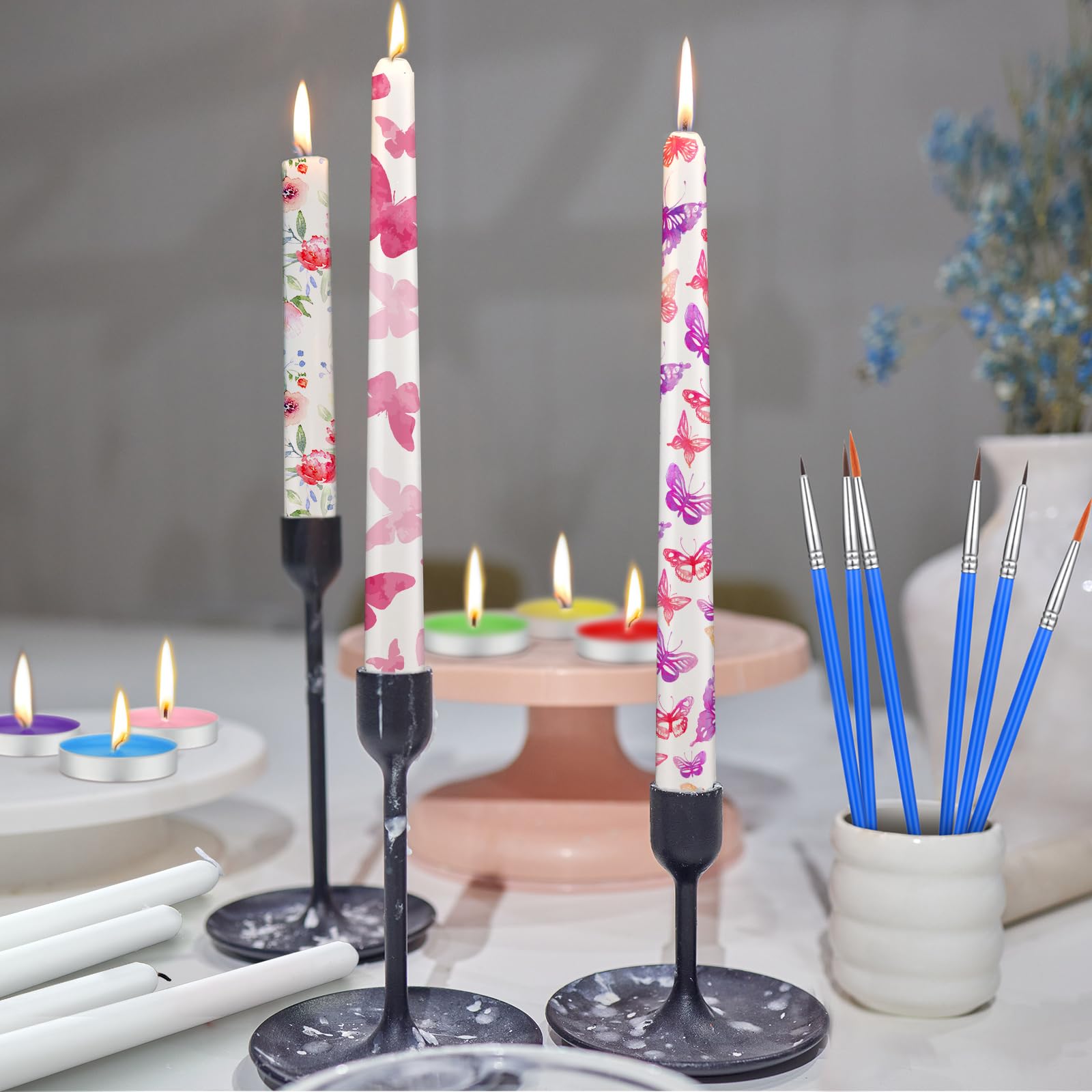 MTLEE 78 Pcs DIY Candle Painting Kit Include 12 White Taper Candles 60 Colored Tealight Candles 6 Paint Brushes for Crafts Birthday Wedding Party Favors(Multi Color)