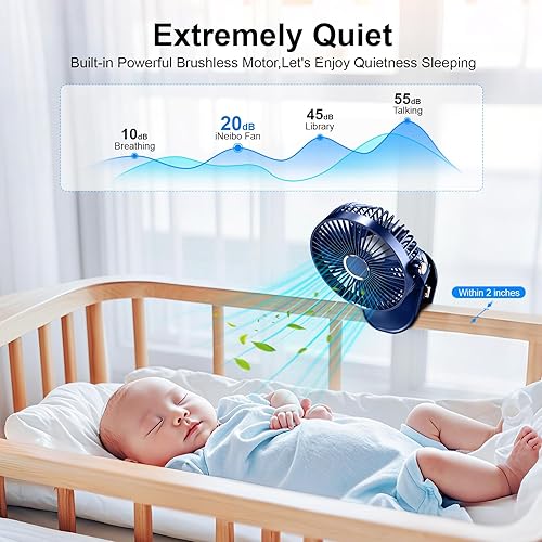 Miniatura 3 de iNeibo Ventilador portátil con clip de 4000 mAh con luces LED, ventilador de escritorio USB a pilas, mini ventilador de mesa recargable silencioso