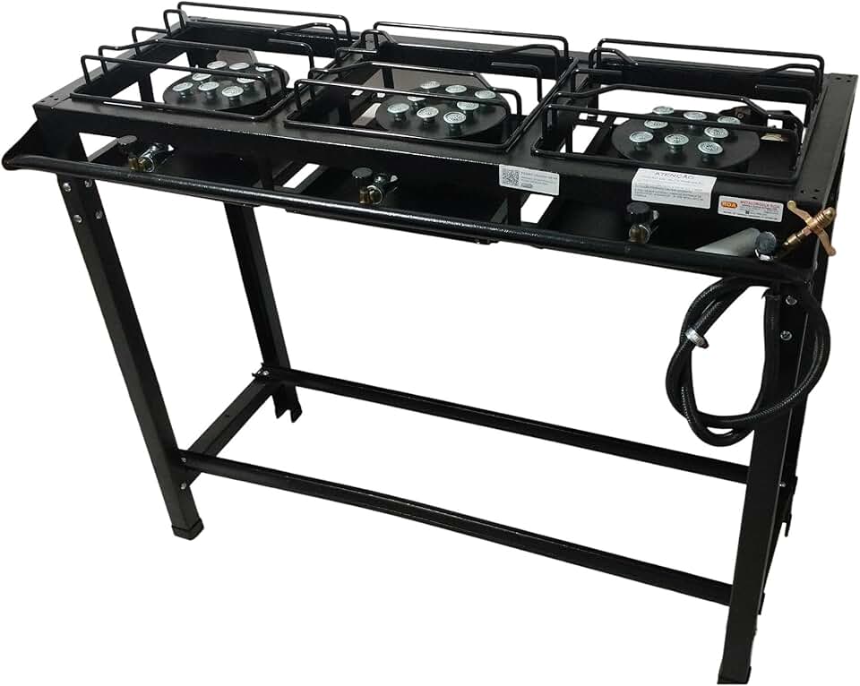 Fogão Industrial 3 Bocas Alta Pressão, 95 x 35 cm, Preto com Mangueira e Registro