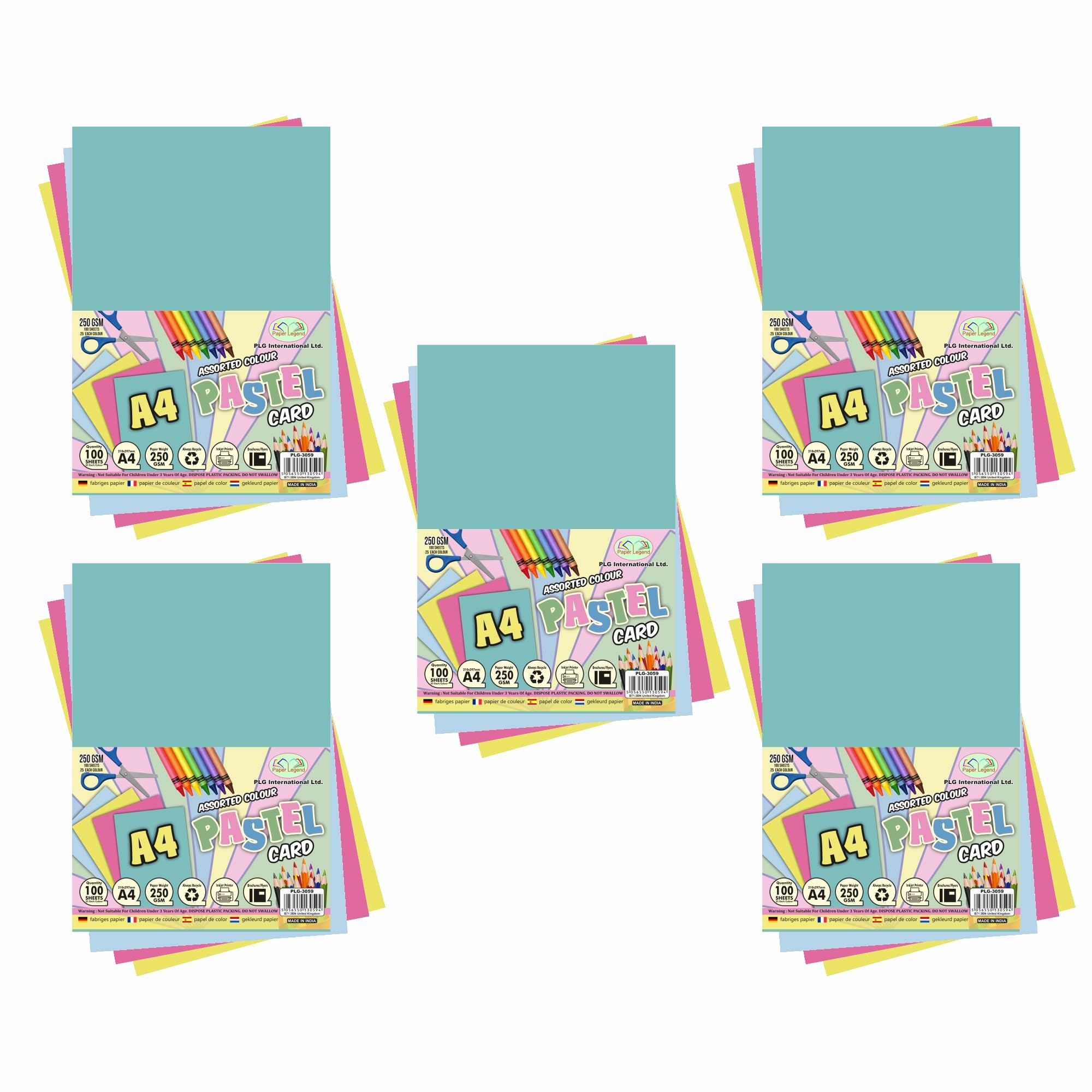 A4 Cards, 250 GSM Activity Card, 100 Coloured Sheets | Print & Craft Card, Kids DIY Paper Craft, Card Making for Home School Office (Assorted Colour Pastel Card, Pack of 5)