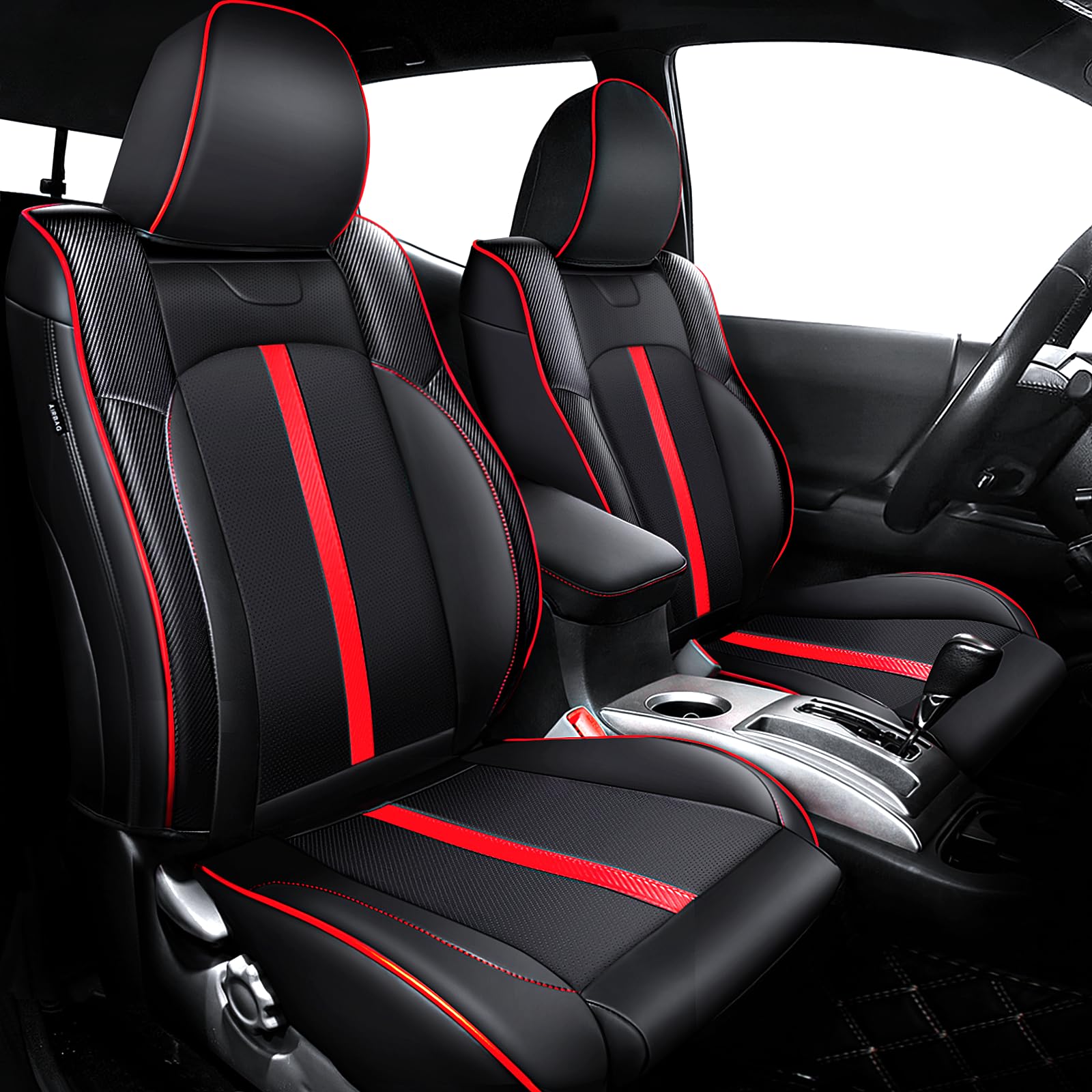 BGUCAR Leather Seat Covers (Black-Red) Full Set