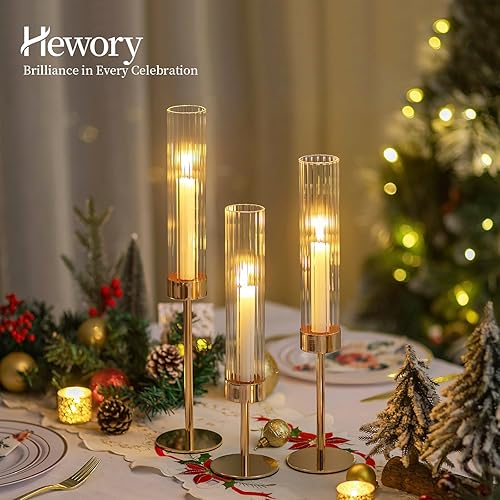 Miniatura 4 de Hewory Portavelas cónicos dorados juego de 3 portavelas alto de cristal de huracán para candelabros, candelabros, decoración para centro de mesa,