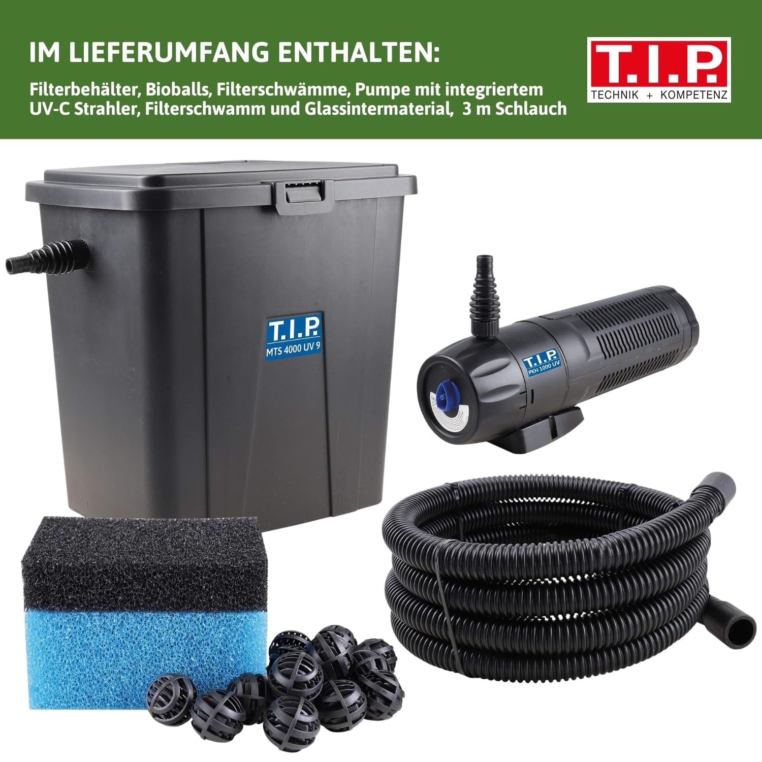 T.I.P. Teichaußenfilter-Set MTS 4000 UV 9 – Effizientes Filtersystem für Teiche bis 4.000 l mit UV-Strahler und Pumpe, 10 Liter Filterbehälter, 1.000 l/h, 24 Watt, 3 m Schlauch, 30296