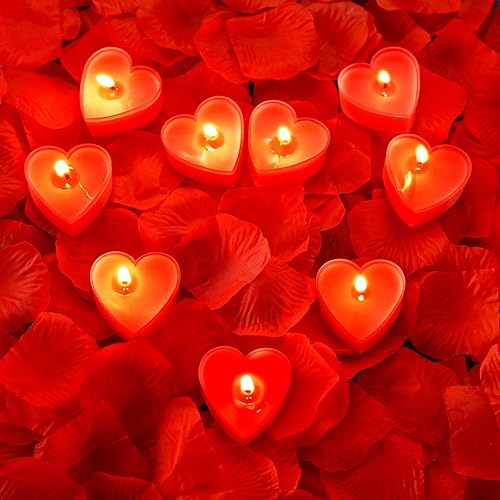 Paquete de 9 románticas velas en forma de corazón con 200 pétalos de rosa, de seda ideales para damitas de honor, para boda, día de San Valentín,