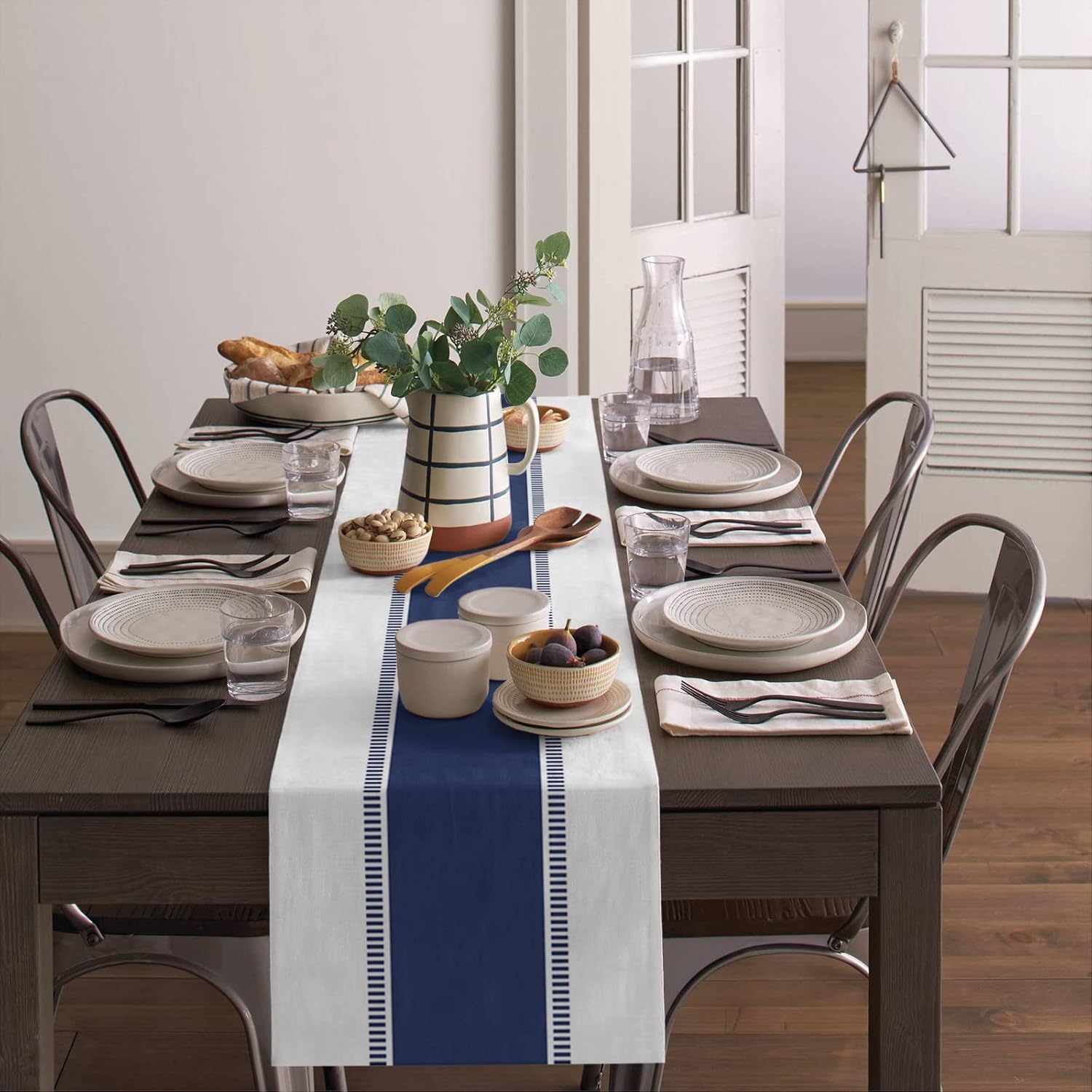 Navy Blue White Color Block Table Runner,Linen Dresser Scarves Dining Tabletop Runners Minimalist Stripe Neutral Art Washable Table Scarf for Home Kitchen Holiday Party Decor,13x90 Inch