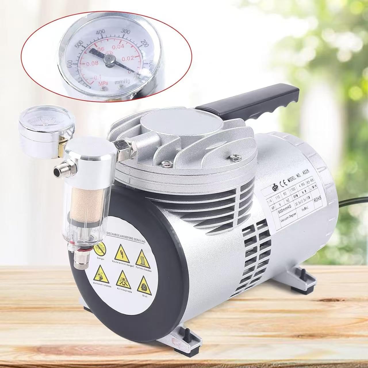 Pompa a vuoto oil-free 1/6HP, 20-23L/Min con manometro per imballaggi alimentari, aspirazione laboratorio, aria condizionata