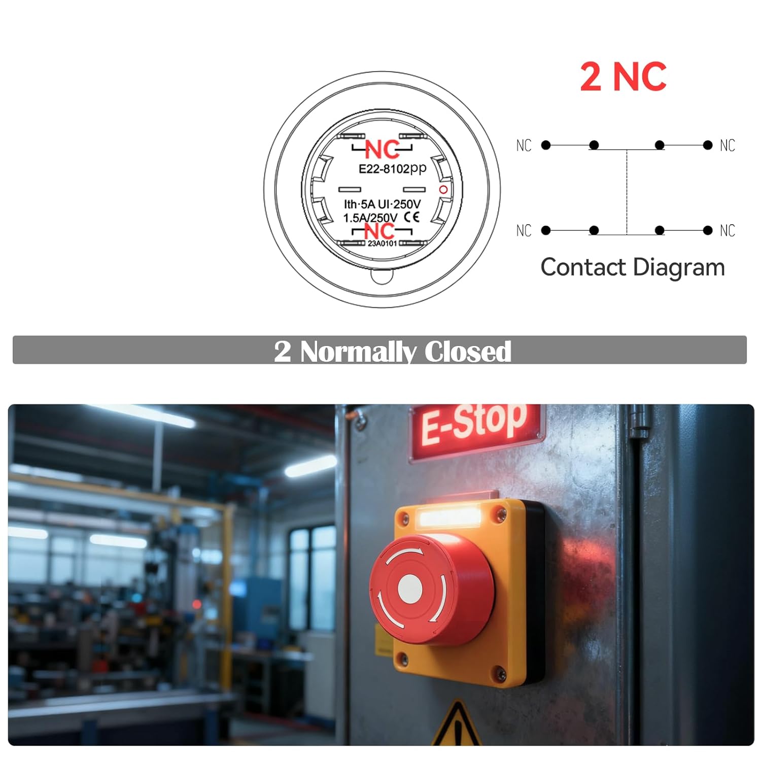 Ultra-Short 22mm Emergency Stop Switch with Wire 2NC 4Pin 2-Way; 7/8" Hole; IP65 Waterproof; 5 Amp 250VAC; 14mm Behind the Panel Space-Saving