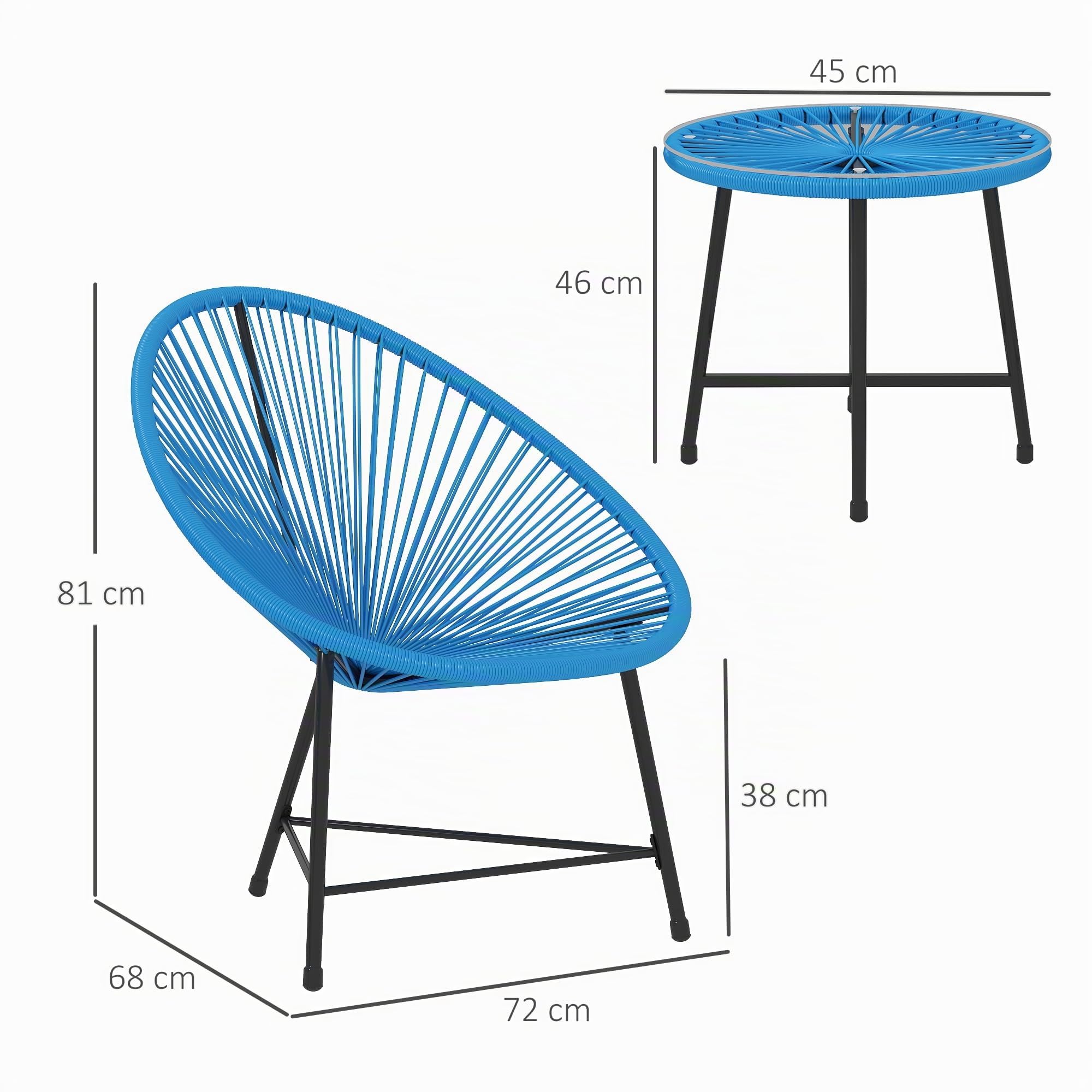 Outsunny Set de Exterior Jardín Mimbre 2 plazas Azul | Mesa de exterior con 2 sillas, sobre de vidrio templado, muebles de jardín para balcón terraza patio