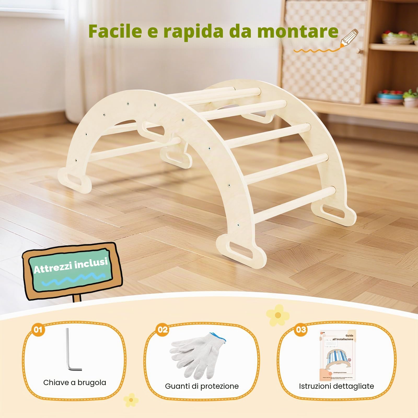 Arco da Arrampicata Montessori 2 in 1 con braccioli per bambini legno naturale cuscino tappetino antiscivolo 1-6 anni
