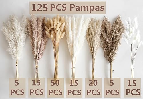 Miniatura 2 de 125 PCS Dried Pampas Grass Bouquet, Boho Table Decor, Bunny Tails Dried Flowers, Brown Pampas, White Pampas Grass for Weddings, Home Decor, Rustic