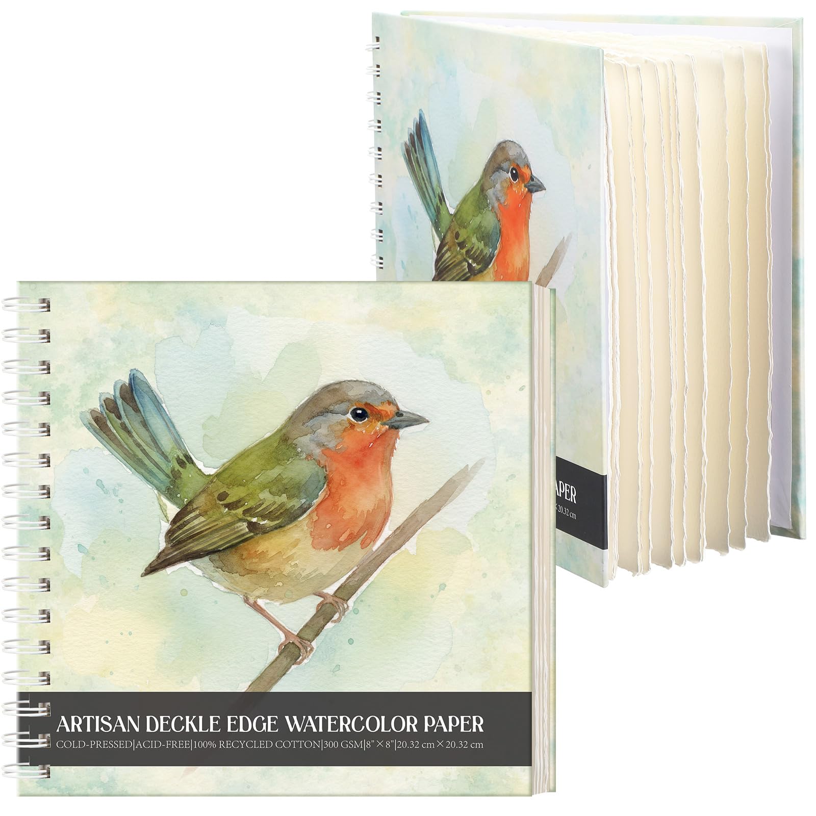 ForraFun Lot de 2 journaux aquarelles détachables – 20,3 x 20,3 cm, papier pressé à froid 350 g/m², bords à carreaux faits à la main, 44 feuilles au total, idéal pour l'aquarelle, la gouache, les
