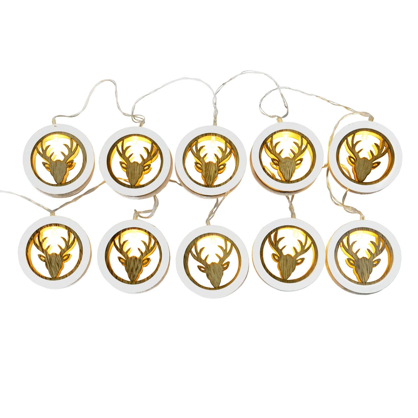Mr Crimbo Warm White 10 Led Reindeer Wooden Christmas Xmas Fairy String Indoor Home Room Battery Operated Lights