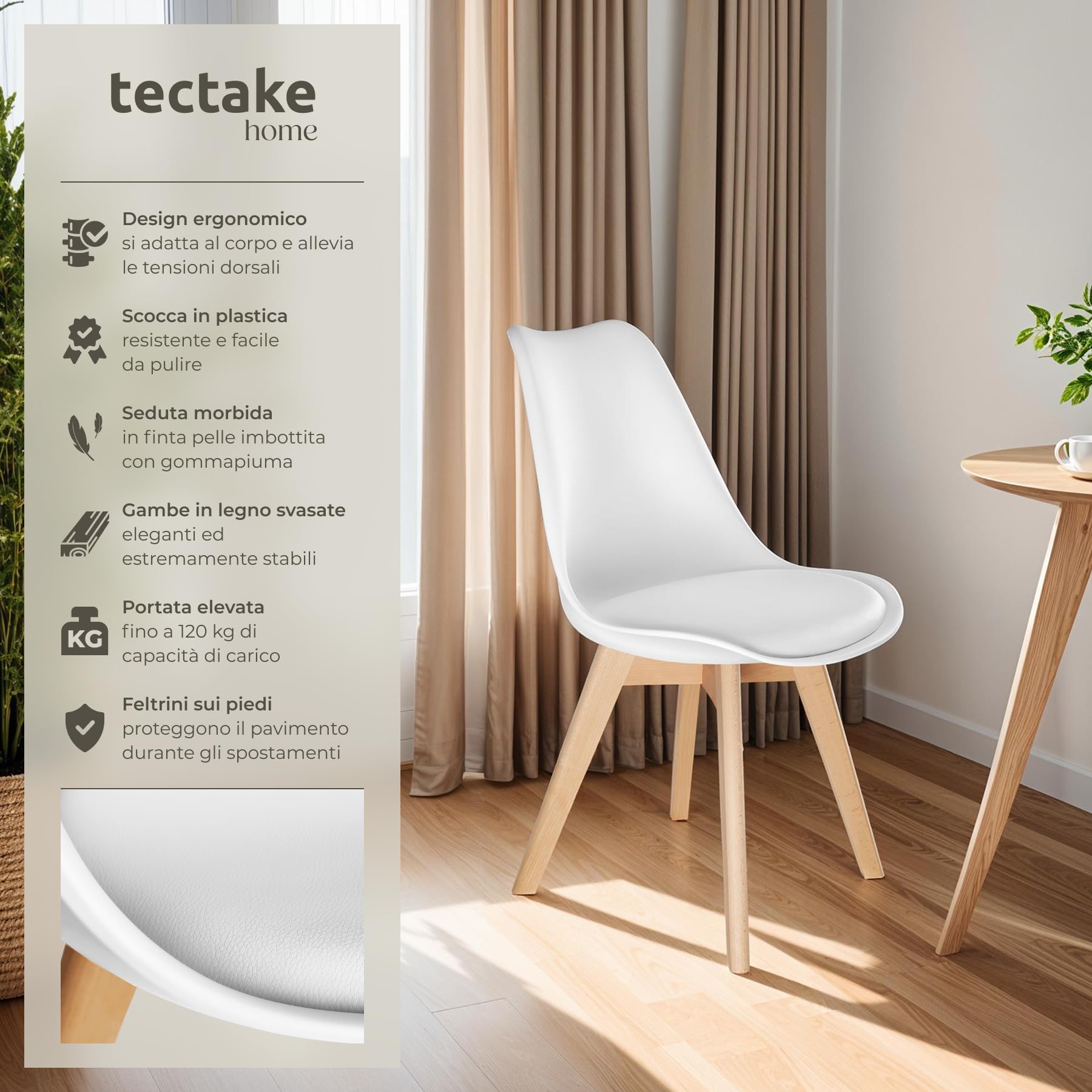 tectake® Set di 2 Sedie da Pranzo, Design Ergonomico, Perfette per Sala da Pranzo e Cucina, Struttura Stabile, Seduta Confortevole, Facili da Pulire - Bianco