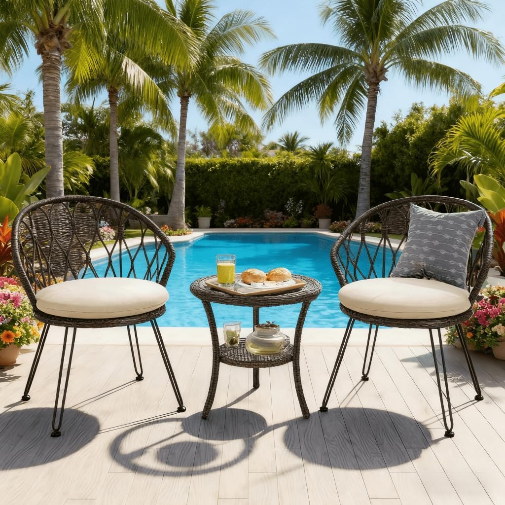 Outdoor Rattan Seating Set - 2 Single Chairs with Glass Round Table, Ideal for Patio, Balcony, Courtyard