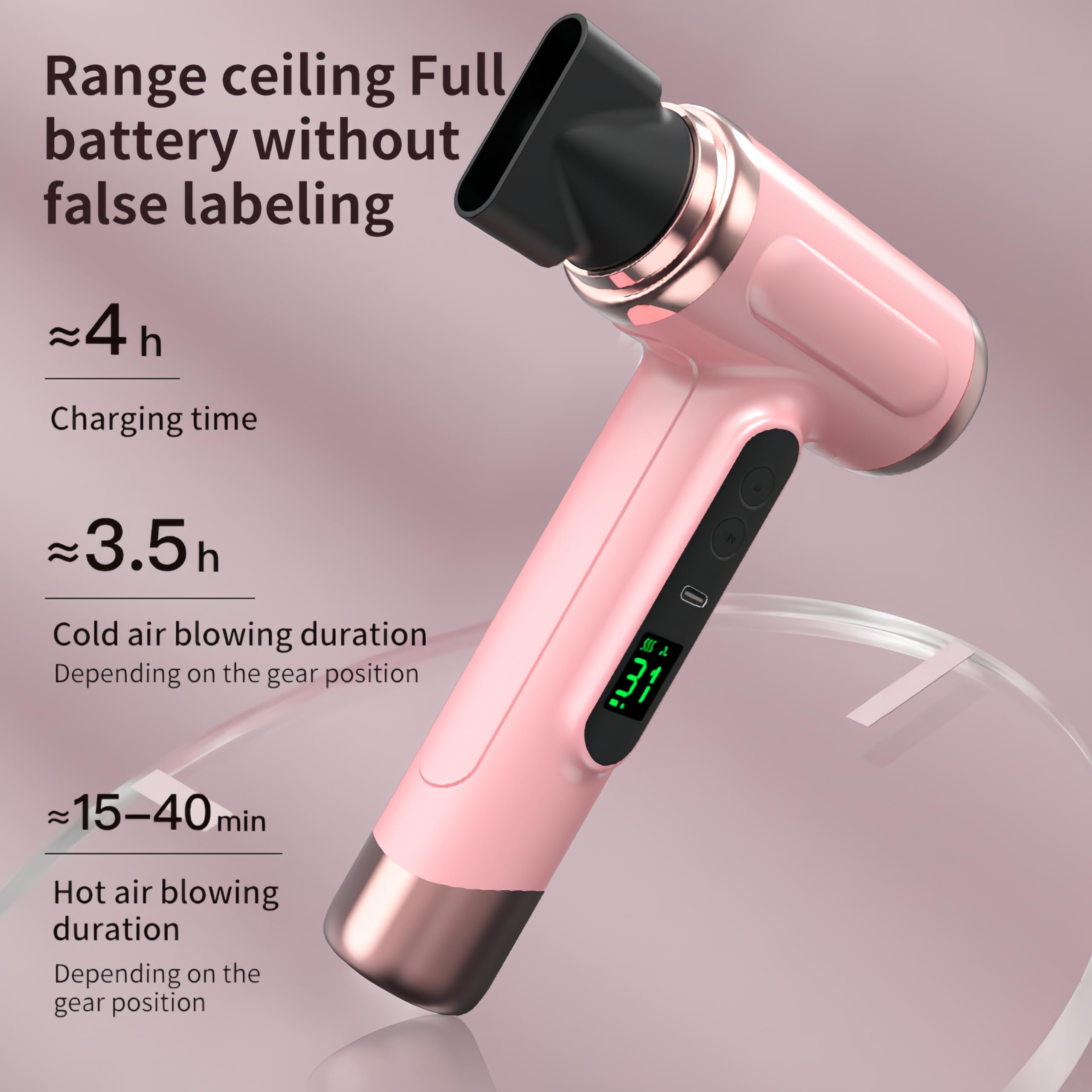 Bewinner Pro Reisefön - 3 Geschwindigkeiten & 3 Temperaturen Kabelloser Fön mit 15000mAh Tragbarer Haartrockner mit Digitalem Bildschirm für Frauen Camping, Rosa