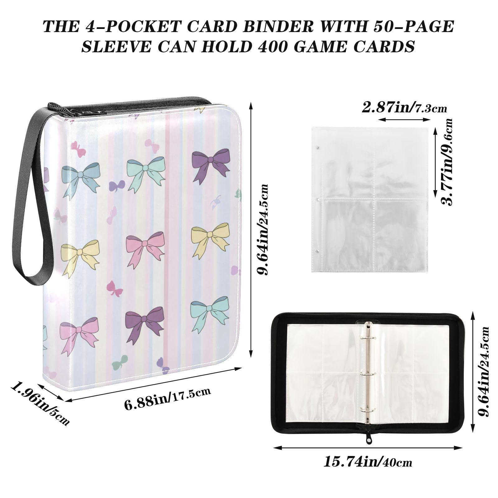 Amazon.com: YANENDIE Pastel Bows Stripes Card Binder 4-Pockets, 400 Pockets  Card Holder with 50 Removable Sleeves, Trading Card Collector Zipper Album  Holder, Collector Album : Toys & Games