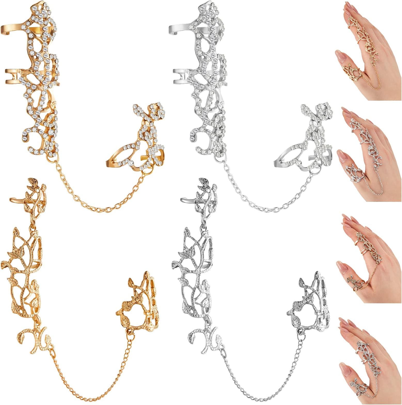 Sureio4 Pcs Leaf Full Finger Rings Bracelet Gold Silver Knuckle Hand Chain Rhinestone Hand Jewelry Crystal Harness Knuckle Rings Bracelet for Women