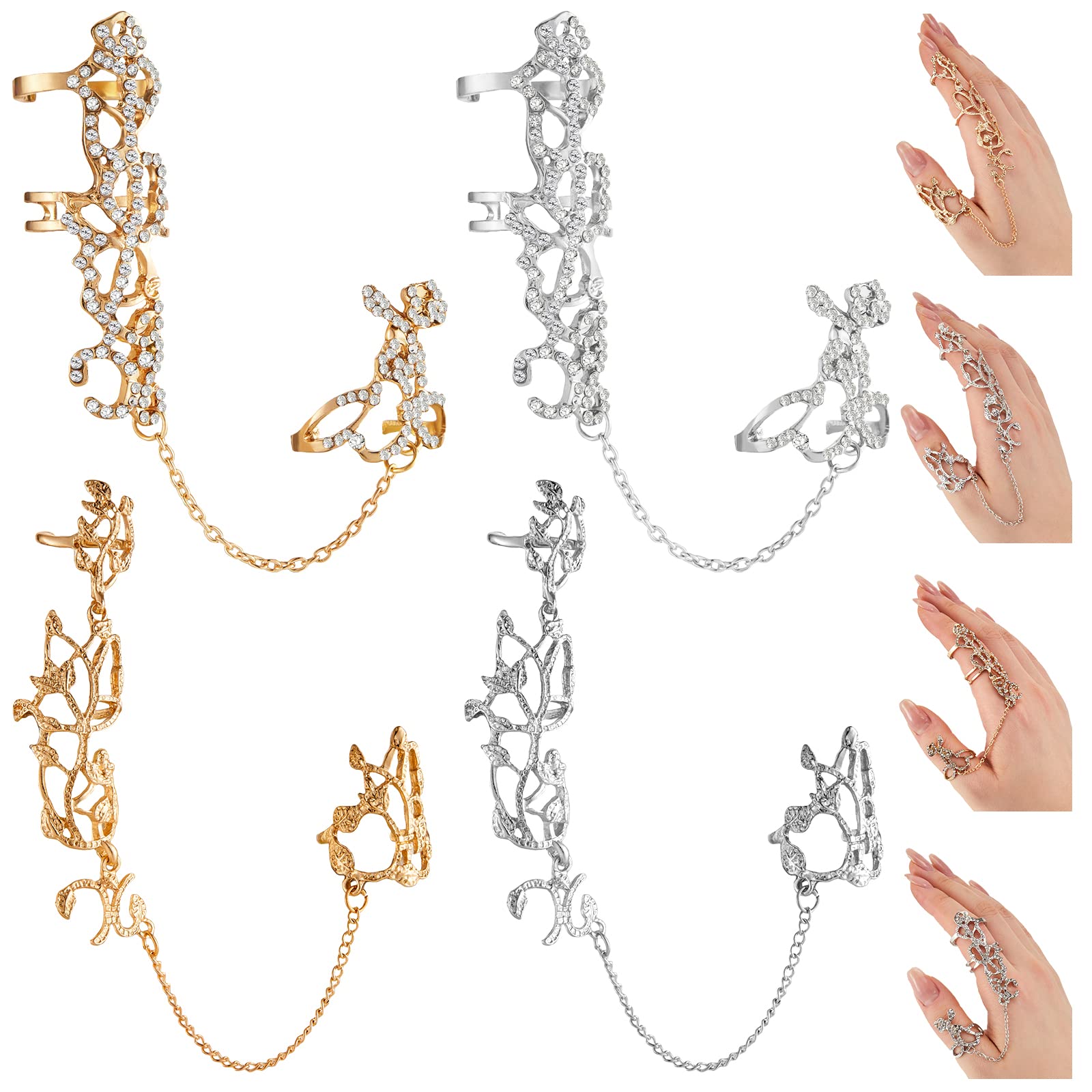 Sureio4 Pcs Leaf Full Finger Rings Bracelet Gold Silver Knuckle Hand Chain Rhinestone Hand Jewelry Crystal Harness Knuckle Rings Bracelet for Women