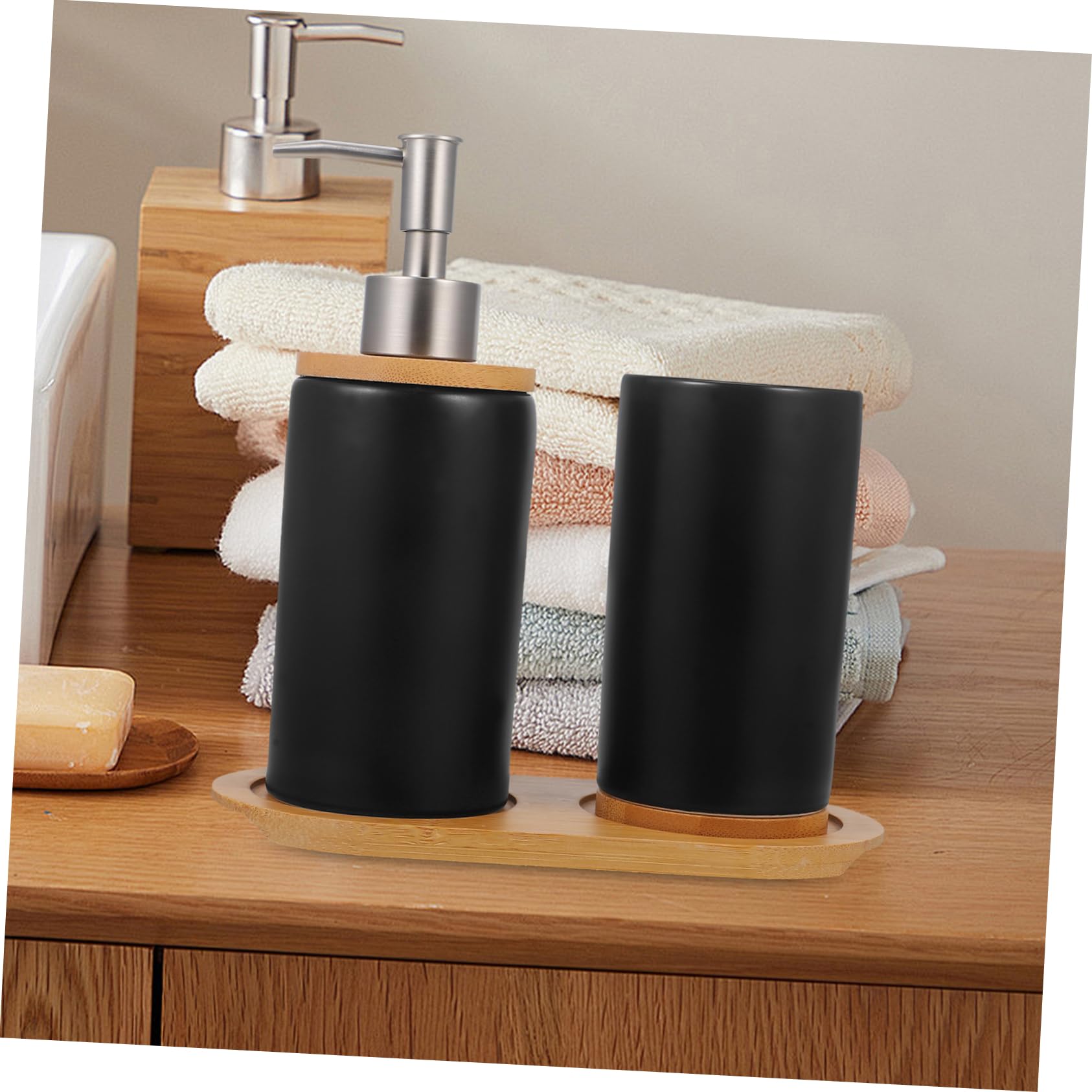 Set Accessori Bagno in Ceramica e Bambù Dispenser Sapone e Bicchiere da 350ml, Design Semplice e Portatile per Bagno e Regali House Warming