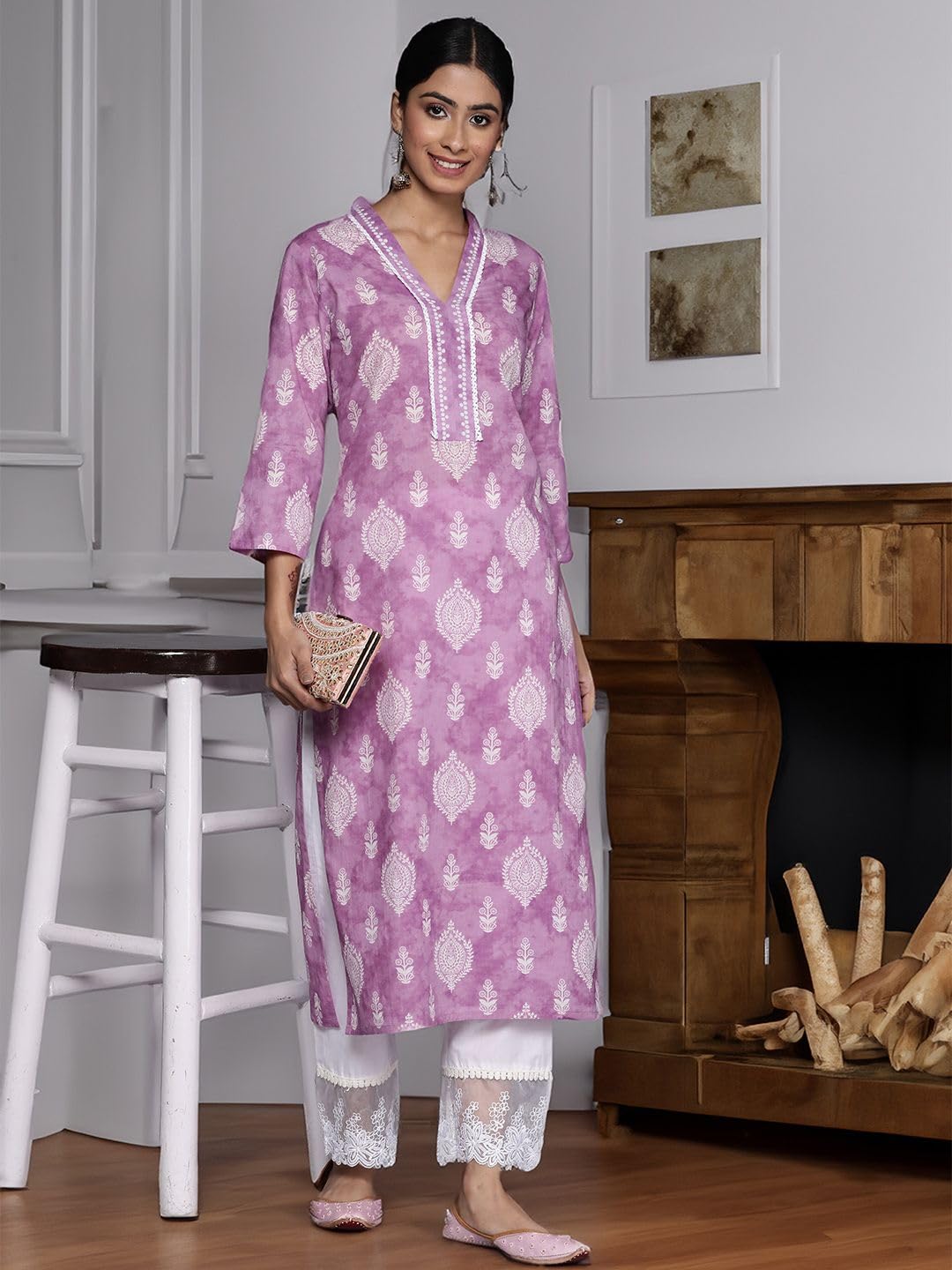 Varanga Women Lavender 3/4Th Sleeve V Neck Collared Kurta With White Floral Patterns (Double Extra Large)