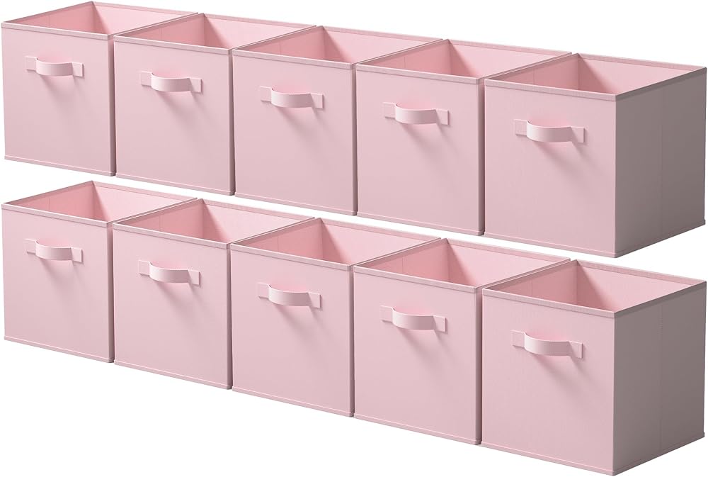 Cupic Cupido Paquete de 10 cubos de almacenamiento plegables de 11 x 11, contenedores de tela, rosa | Asa frontal plegable y reforzada, para guardar ropa, juguetes, mantas y más, se adapta a armarios, estantes, guardería, dormitorio