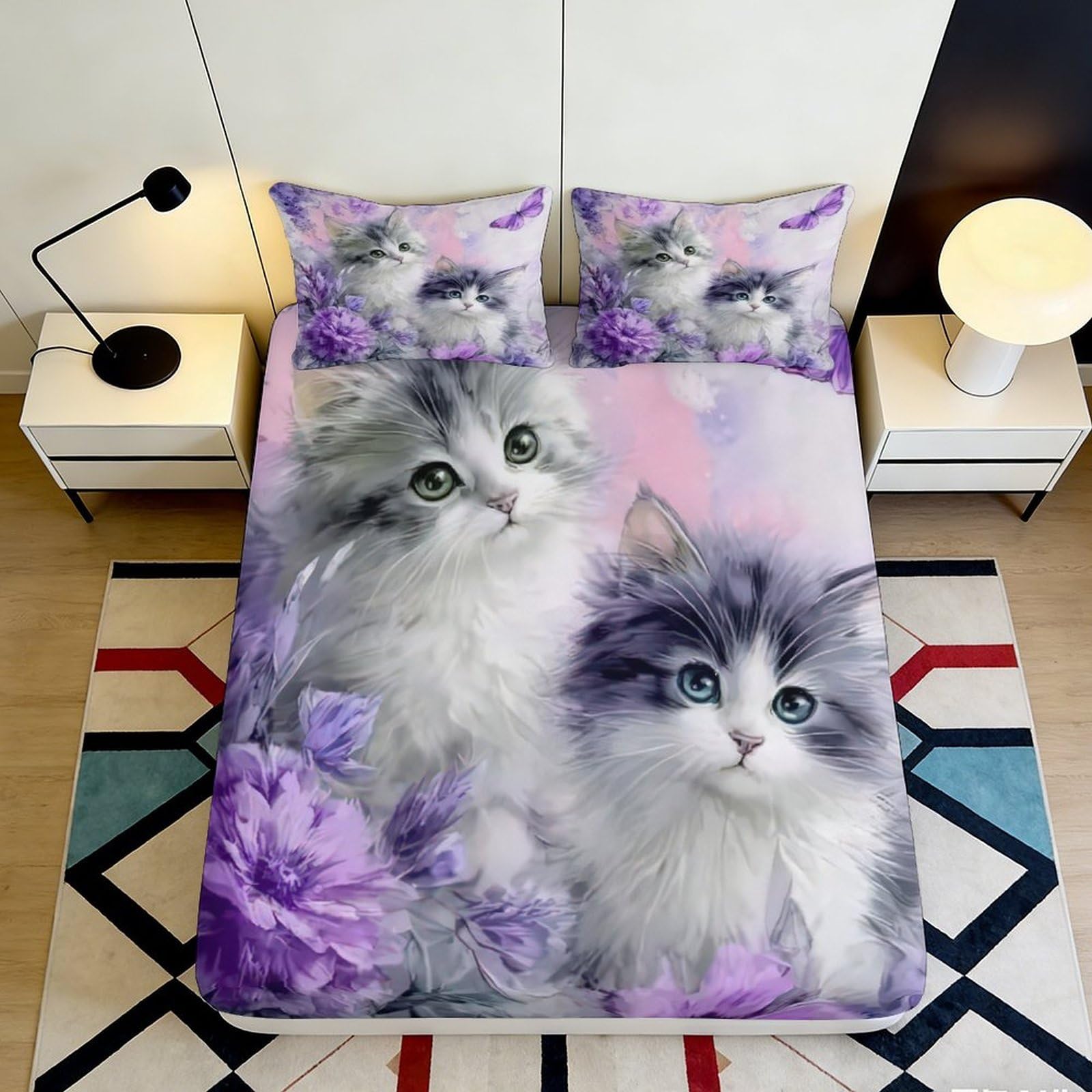 3D Printed Fluffy Cat Lavender Fitted Sheet Microfiber Mattress Cover Bedroom Decor Anti-Slip Machine Washable 90x200x25cm