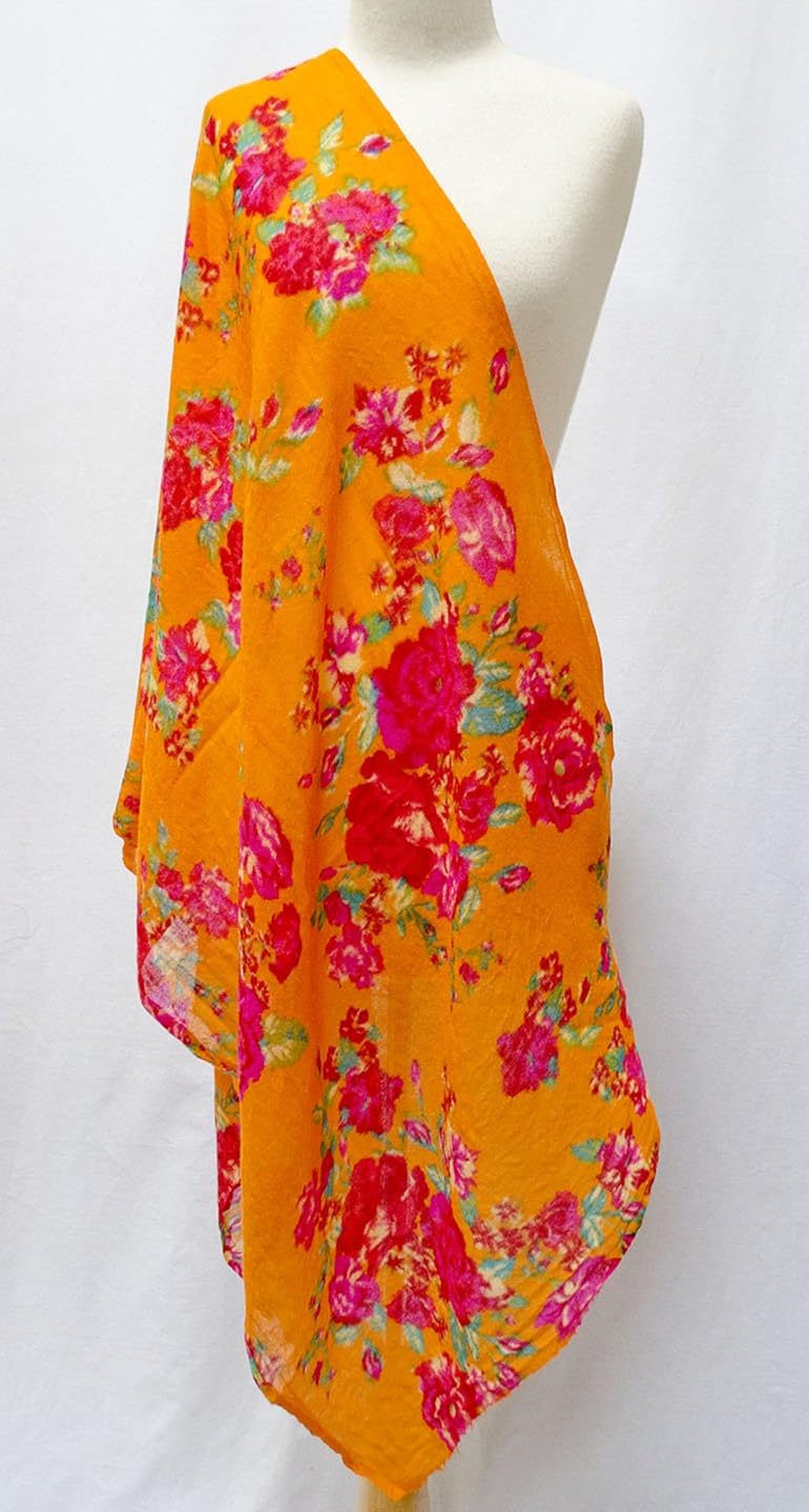 Floral Printed "Washed" Wool Shawl Scarf Stole Wrap Orange Fuchsia at Amazon Women’s Clothing