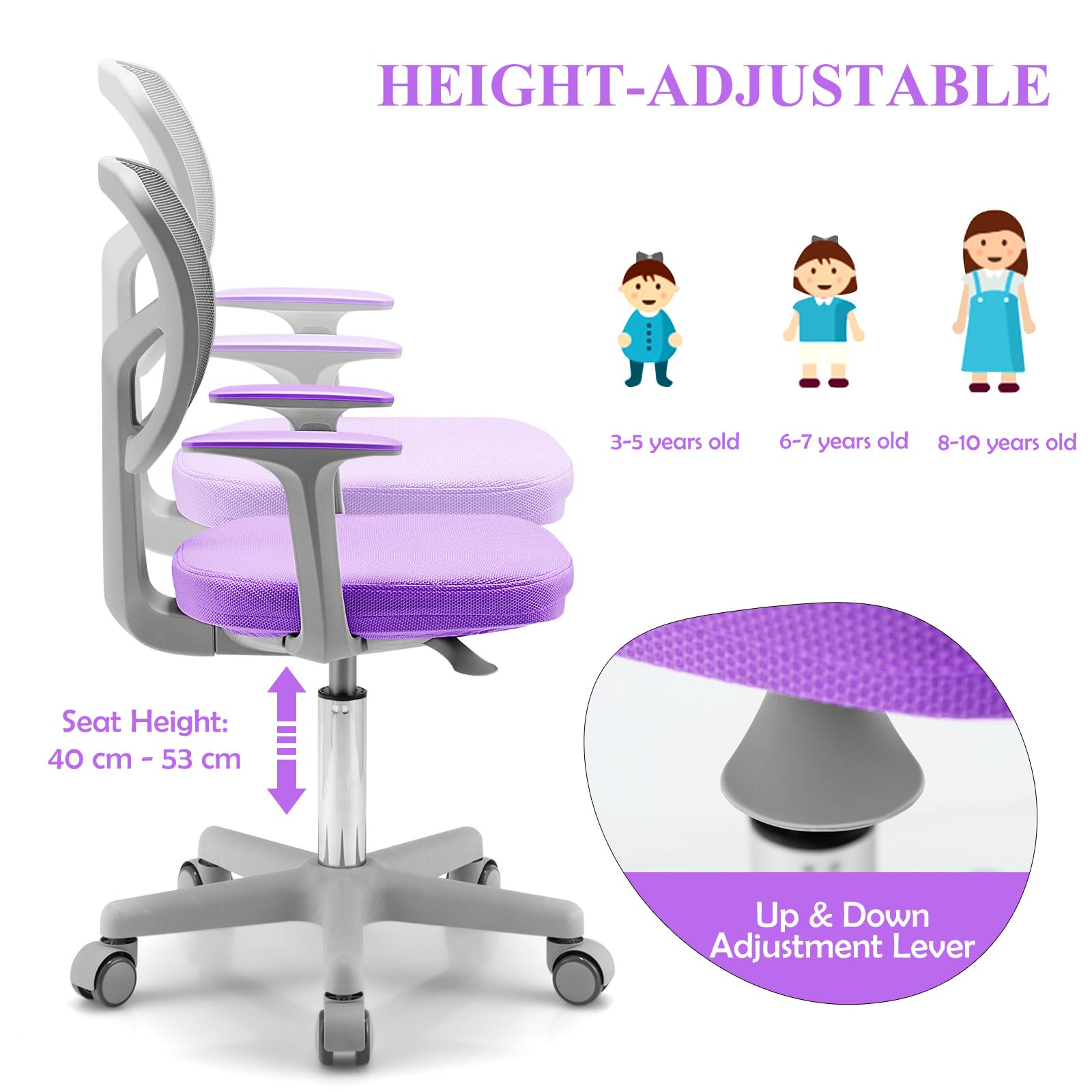 LIFEZEAL Sedia Scrivania Bambini, Sedia Girevole, Altezza Regolabile e Ergonomico, per Bambini, da Cameretta, con Braccioli, Schienale e Sediolina Imbottita, per Bimbo 3 Anni+, Max150kg(viola 2)