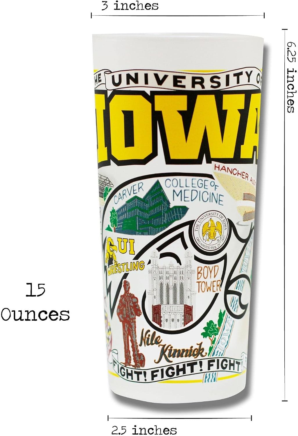 Catstudio Drinking Glass, University of Iowa Glass Cup for Kitchen, 15oz Dishwasher Safe Tumbler for UI Alumni