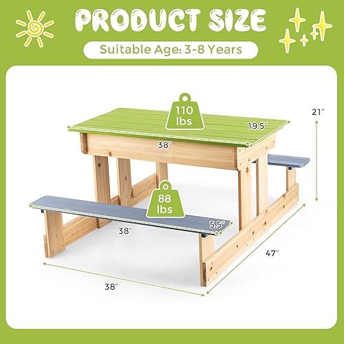 Miniatura 7 de Costzon Mesa de picnic para niños, 3 en 1 multiusos, mesa de arena y agua con parte superior extraíble y 2 cajas de almacenamiento, construcción de
