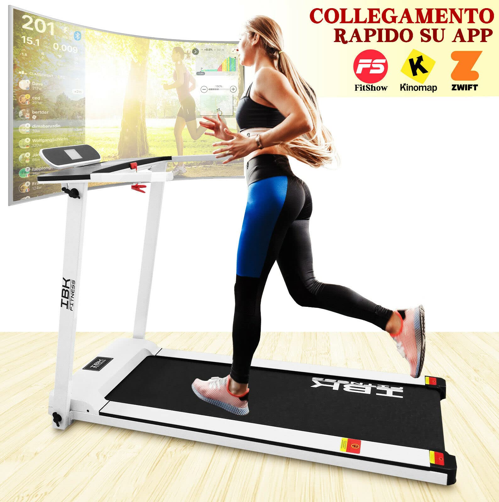Tapis Roulant elettrico Home Fitness, Tappeto da corsa pieghevole (2.5 HP picco) salvaspazio con Bluetooth integrato, Sensore Cardio, Velocità regolabile 14 km/h, App KINOMAP ZWIFT FitShow