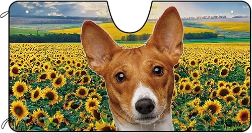 Parasol para parabrisas de automóvil para perro, un lindo perro Basenji en los girasoles para decoración del parabrisas delantero, visera para