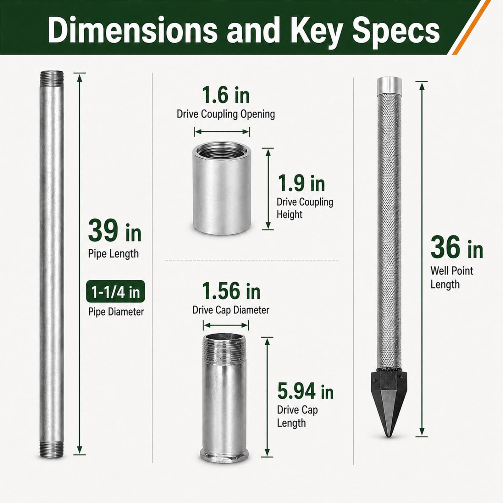 Zestaw studni z punktem napędowym 5+1, iglica ze stali nierdzewnej 1-1/4" 4m~158in~13ft | z rurami ocynkowanymi 39", wytrzymały zestaw do wiercenia płytkich studni z pompą ręczną, systemem nawadniania
