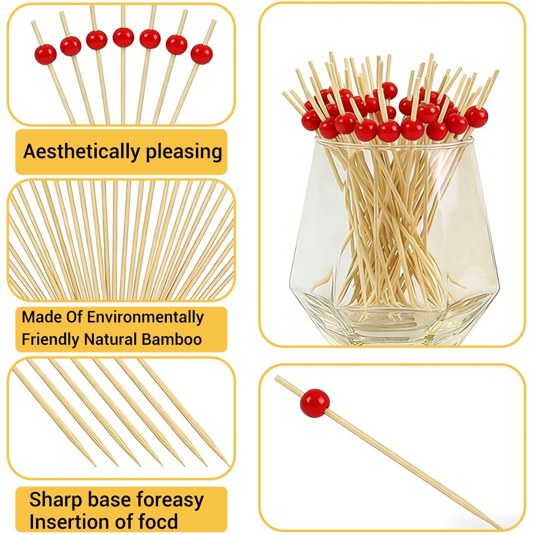 12cm stuzzicadenti cocktail, 100 pezzi, bastoncini da cocktail legno, con perline rosse, stecchini per aperitivo,stuzzicadenti decorativi,per bar,feste di carnevale,feste decorativi
