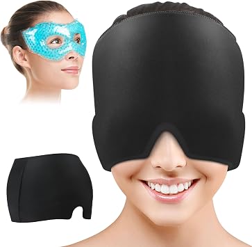 Migraine Relief Cap, Headache Hat with Gel Eye Mask, Hot/Cold Therapy, Black, One Size Fits All
