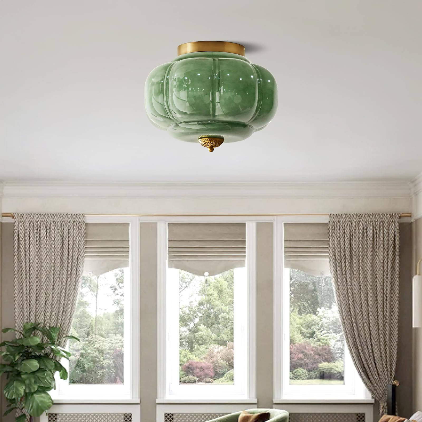 Milk Glass Ceiling Light Fixture - Farmhouse Antique Brass Semi Flush Mount Ceiling Light for Kitchen, Hallway, and Bedroom (Green 15 inch) — view 10