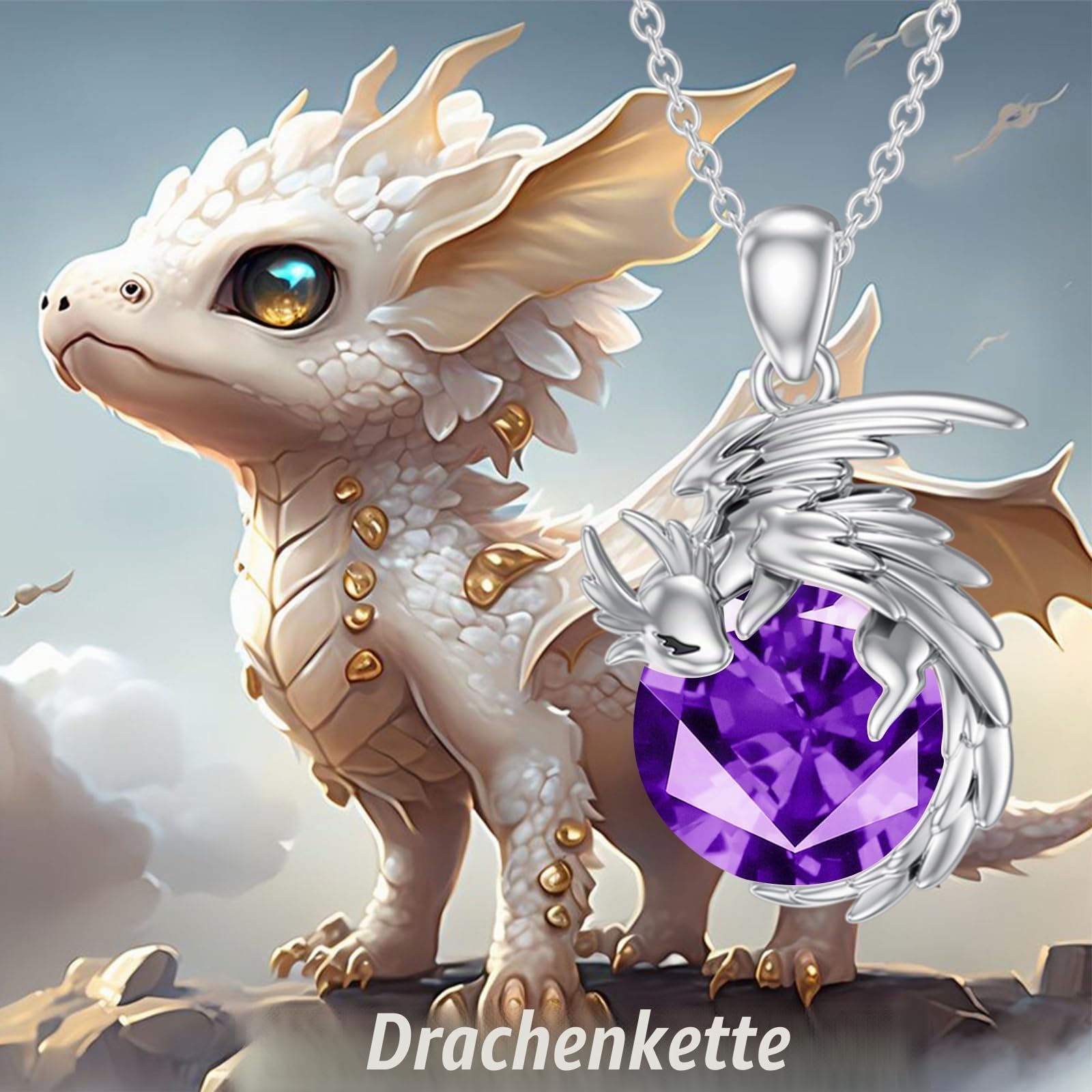 925 Sterling Silber Drachen Kette für Damen Rosenquarz/Mondstein/Geburtsstein und Drachen Anhänger Kette Silber Drachen Halskette Drachen Schmuck Geschenk für Drachenliebhaberin