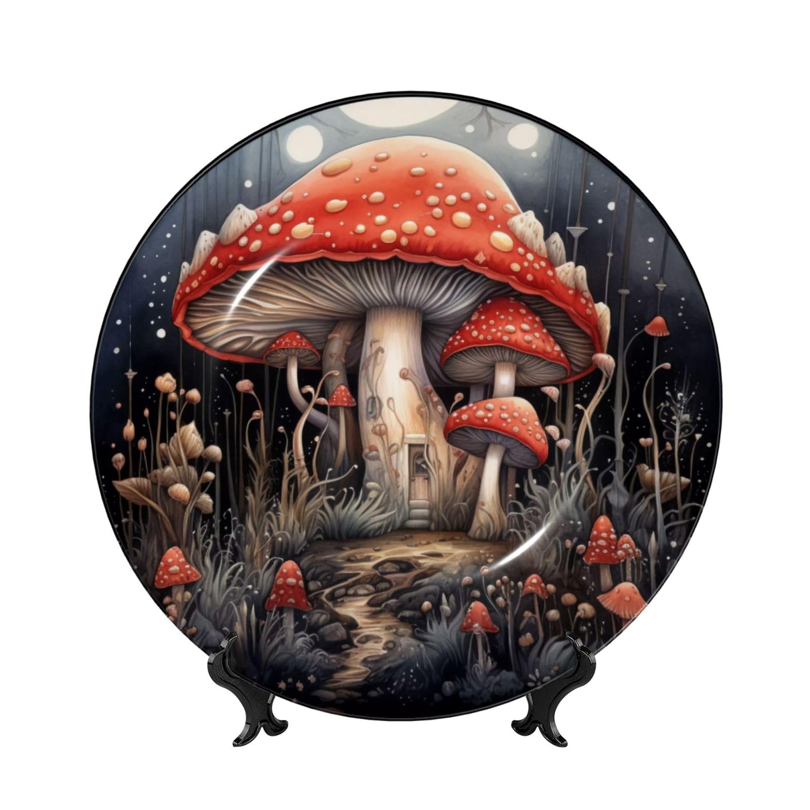 SXZVVBN Forest Wild Mushroom Art Bone China Decorative Plate Art with Stand Removable Adhesive Hanging for Home Office 7in