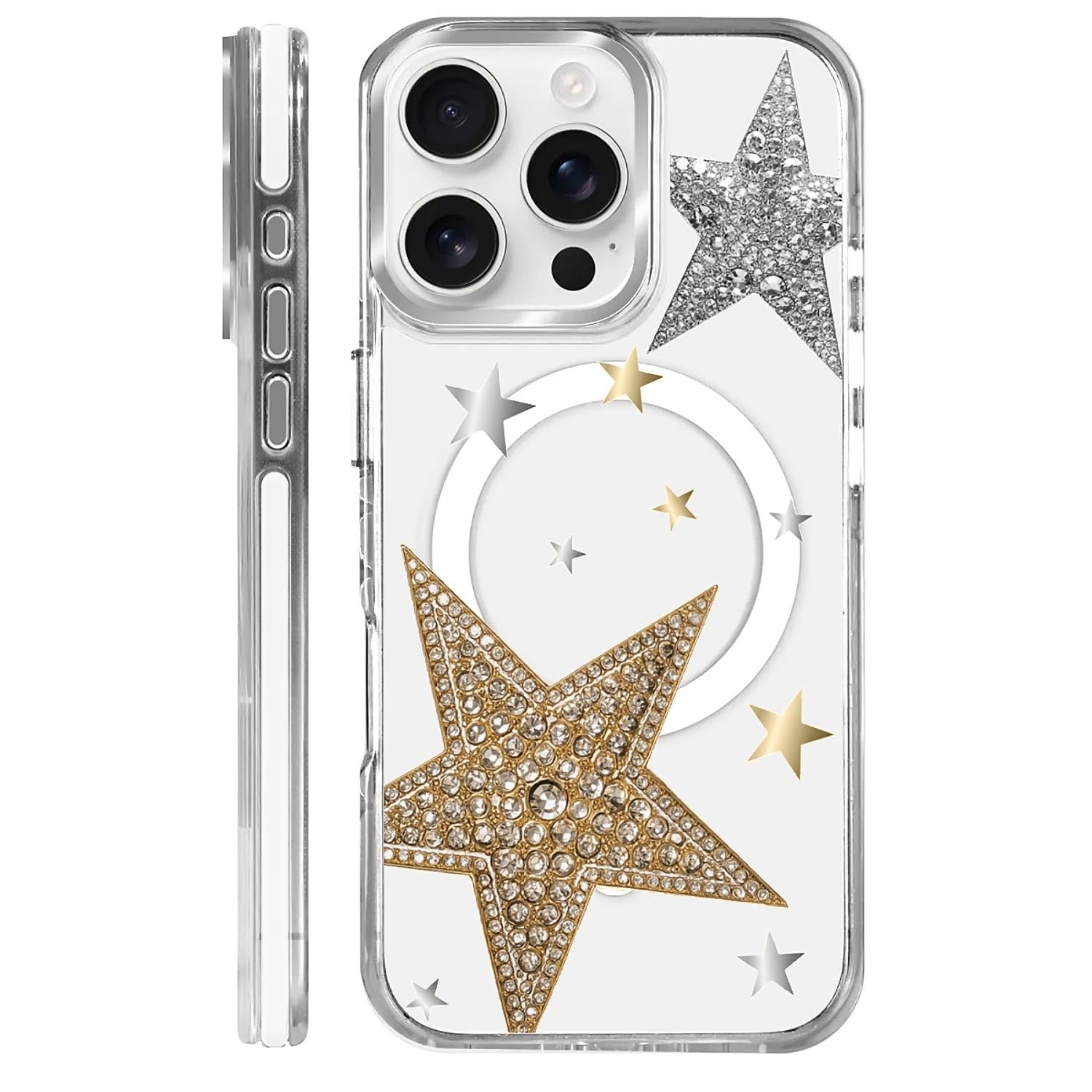 Teonvpu for iPhone 16 Pro Clear Case, Gold Star Pattern Campatible with Magsafe Soft Protective Case for Women Girl (White)