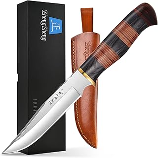 ZhengSheng Survival Hunting Knife, 6.0" Full Tang Fixed Blade Hunting Knife, Ergonomic Handle Bowie Knife with Leather Sheath for Camping, Hiking - ZhengSheng