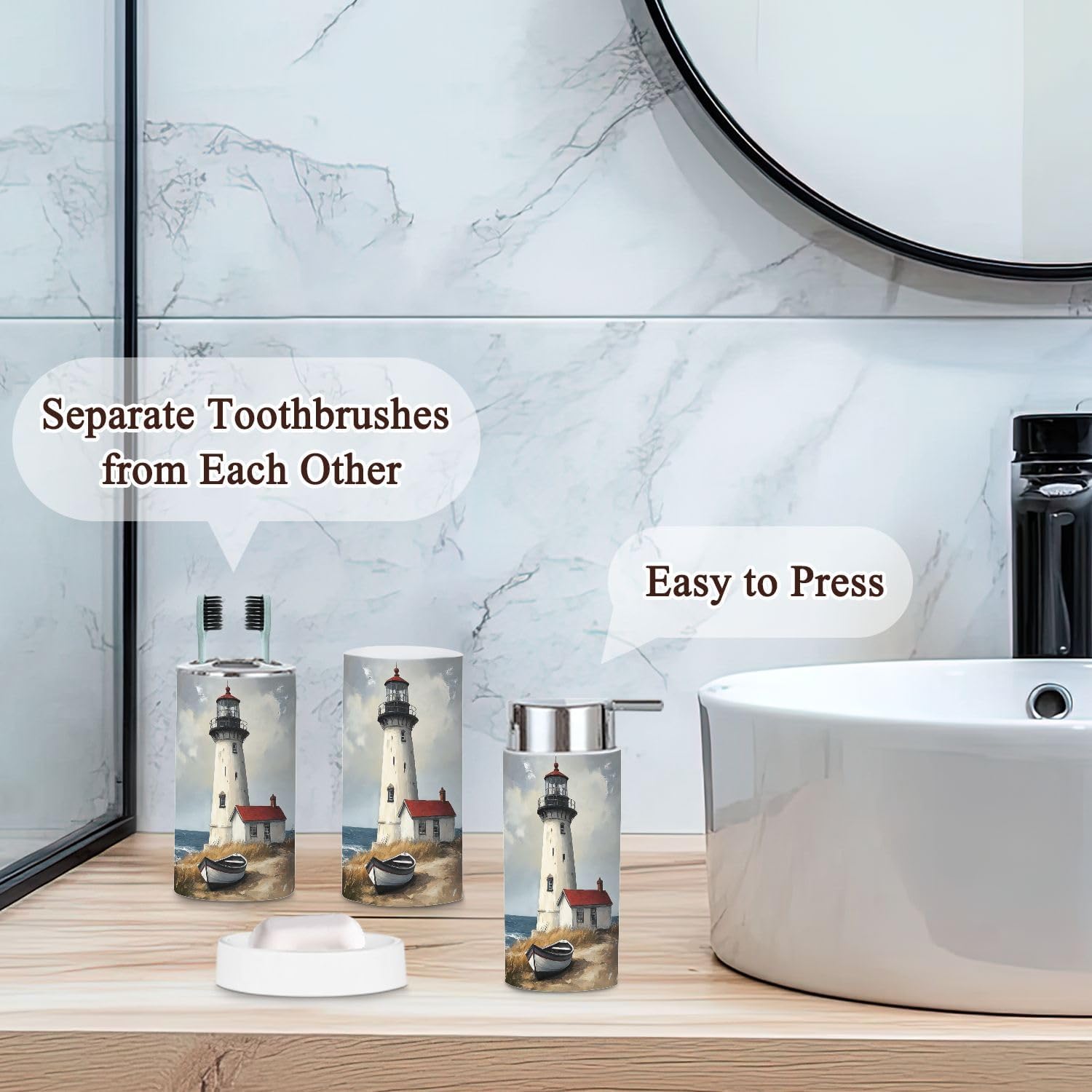 Bathroom Accessories Set 6 Pcs Lighthouse Boat Cabin Beach Coastal Red Roof Cottage Wooden Rowboat Toothbrush Holder Cup Soap Dispenser Soap Dish Toilet Brush Holder Trash Can for Countertop Decor