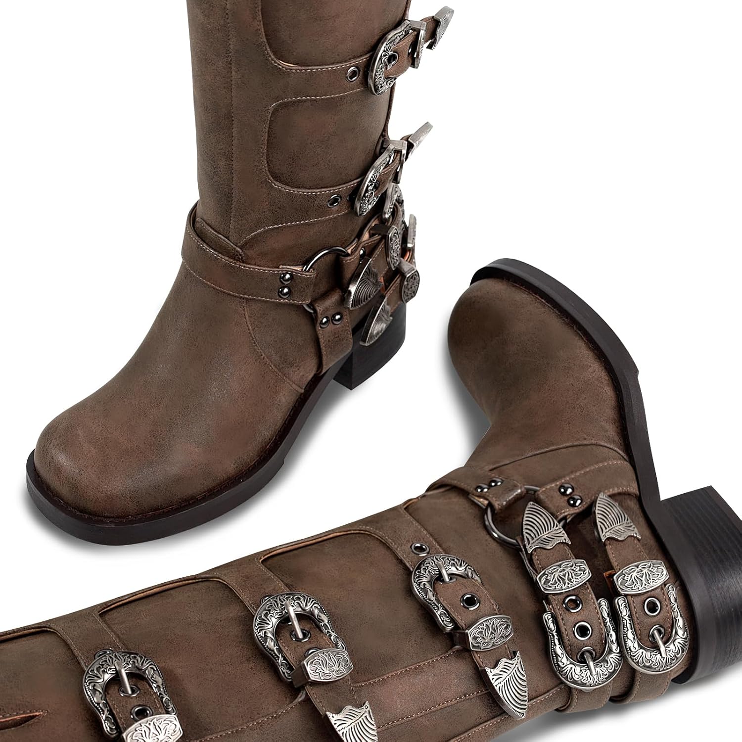 Women's Knee High Riding Boots, Motorcycle Boots with Square Toe Chunky Heel Fashion Buckles Tall Biker Boots 6 Dark Brown