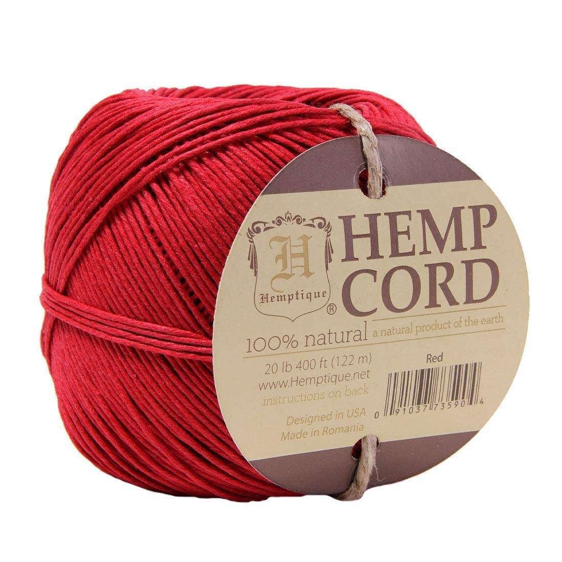 Cuerda de cáñamo 100% natural Hemptique de 1 mm y 122 metros para manualidades en color rojo