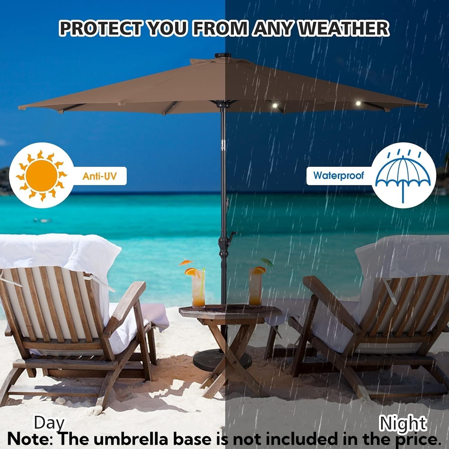 GIANTEX Parasol de Jardin Extérieur 3M, Parasol Inclinable avec 24 Éclairage Solaire LED, 8 Baleines en Métal, Protection UV, pour Terrasse, Jardin, Balcon (Café)