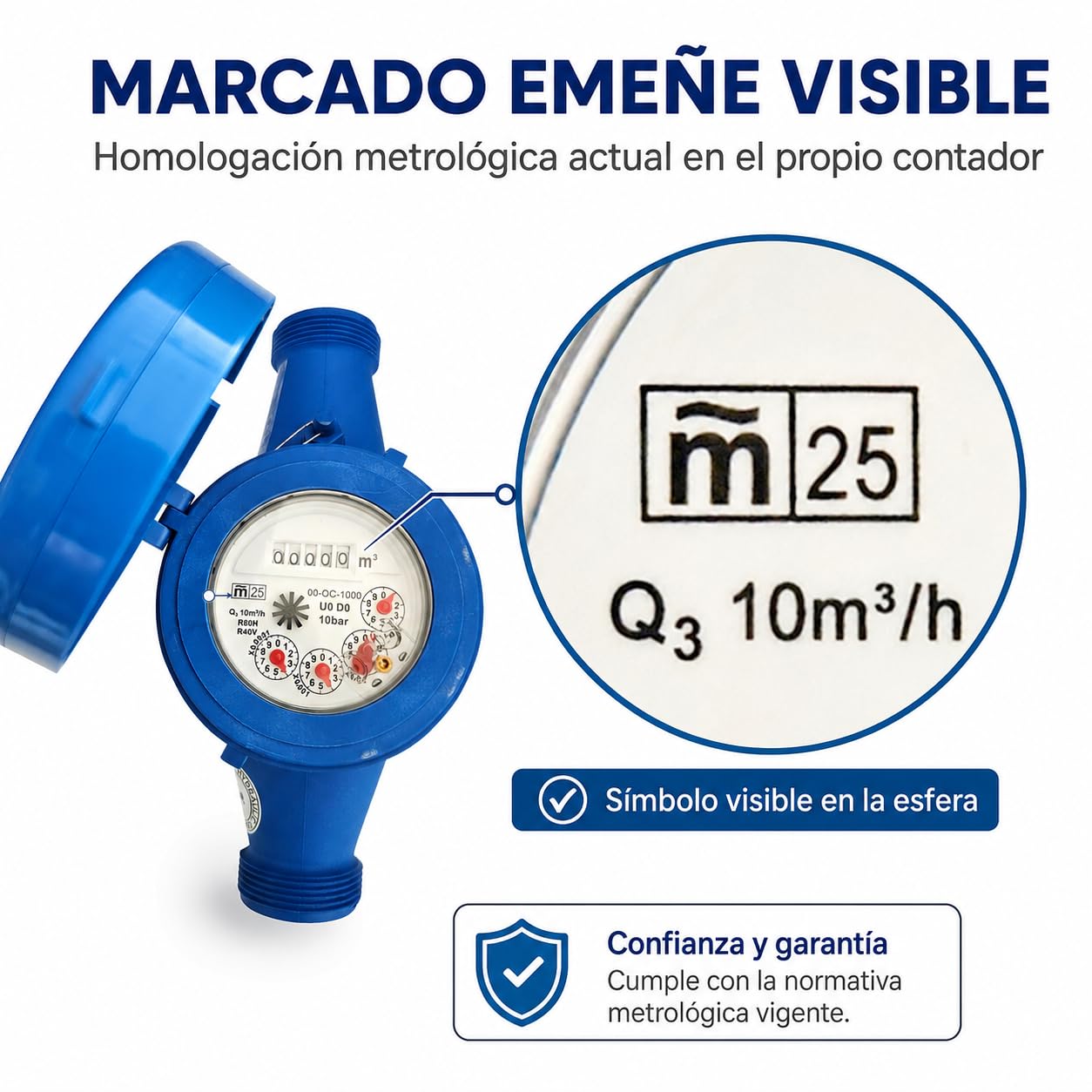 Contador de Agua para Riego Homologado Emeñe 1 1/4” con Enlaces PE 40 mm | Kit completo con 2 enlaces, juntas y teflón. Cuerpo plástico anticorrosión y acceso por QR a la documentación del fabricante.